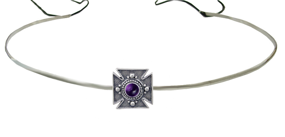 Sterling Silver Renaissance Style Medieval Cross Headpiece Circlet Tiara With Amethyst
